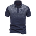 Detailed view of navy blue Polo shirt featuring grey floral patterns on chest and collar - Navy Blue