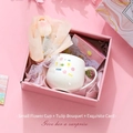 Ceramic tulip mug gift set with faux flowers in pink box for birthday gifts - Flower Mug + Tulip Bouquet + Card