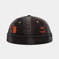 Vintage washed denim docker cap in dark grey with orange distressed ripped hole details - Adjustable / Orange Patch Distressed Black