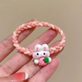 Pink and beige braided elastic hair tie with cute white rabbit and strawberry charm - Woven Strawberry Rabbit