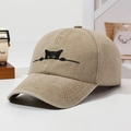 Adjustable washed cotton baseball cap in khaki with cute black cat embroidery - Khaki