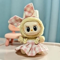 Labubu plush in a bunny costume and pink checkered dress with soft lighting - Fresh Pink Plaid Skirt With Pendant / First And Second Generation Keychains Are Compatible With La Cloth Dolls. Dolls Not Included.