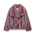 Detail of the large lapel collar and plush faux fur texture on the purple coat - XS / Pink