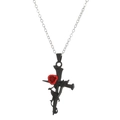 Collier gothique avec croix noire et pendentif rose rouge sur une chaîne argentée - Noir Mat Rose Rouge Croix (Z-320)