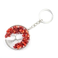 Detailed macro view of a silver Tree of Life keychain featuring red natural stone chips - Red Coral