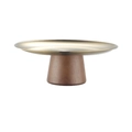 Elegant gold metal fruit tray with a minimalist tapered brown wooden pedestal base - Large (23x8cm) / Gold