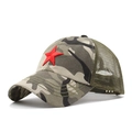 Detail of camouflage trucker hat with red star embroidery and breathable green mesh back - Adjustable / Camouflage