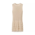 Beige sleeveless knitted vest dress featuring stylish multi-layer fringe tassels and a round neck - S / Milky White