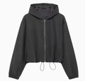 Detail of black hooded bomber jacket with full zipper and drawstring hem for women - S / Hooded Jacket / Dark Gray