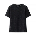 Top de mujer de manga corta en encaje negro con diseño floral calado y cuello redondo - S / Negro