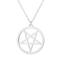 Detailed view of silver stainless steel necklace with a geometric pentagram circle pendant - Silver Pentagram (613 Steel)