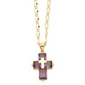 Hip hop style gold cross necklace featuring purple zircon stones and double-layered design - Purple Zirconia / Purple