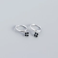 S925 Sterling silver hoop earrings featuring black clover charms with crystal stones - White Gold (Black Stone)