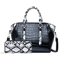 Retro Damen Handtasche Set in schwarzer Krokoprägung und Schlangenmuster Geldbörse - Schwarz