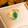 Vintage gold adjustable stainless steel ring with an oval emerald green gemstone - Oval Green Gem Style (R457)