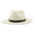 Ivory woven fedora hat for men with dark brown faux leather studded band for summer - Creamy White