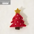 Handmade red felt Christmas tree hanging ornament with yellow star detail and white embroidery - Red Xmas Tree