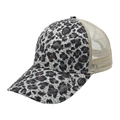 Cappellino trucker classico leopardato con rete beige e visiera curva regolabile - Leopardo Grande Argento - Cappello con Coda
