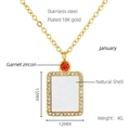 Detailed specs of square necklace with garnet zircon, natural shell and 18K gold plating - January Garnet Zircon Style (ZN703G-01)