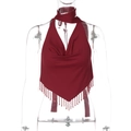 Detailed view of burgundy cowl neck halter top featuring elegant fringe tassels - S / Red