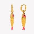 18K gold plated stainless steel drop earrings with pink enamel fish pendant charms - Gold-Red Yellow