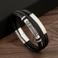 Bracciale multistrato da uomo in pelle nera intrecciata con croce in argento su legno - Nero + Argento