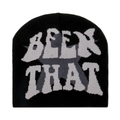 Détail du tissage et du lettrage jacquard 'BEEN THAT' sur le bonnet en maille noir - M (56-58cm) / Noir et Gris