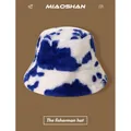 Winter plush bucket hat with blue and white cow pattern made of soft faux fur - M (56-58cm) / Cow Print Bucket Hat Blue