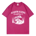 Magenta round neck T-shirt with white Alligator Alcatraz vintage print flat lay view - Rose Red