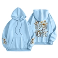 Felpa in pile celeste con stampa di girasole e cappuccio con coulisse per unisex - S / Tops / Floreale Blu Chiaro