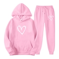 Pink casual two-piece tracksuit featuring a hooded sweatshirt and pants with heart prints - S / Pink