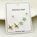 Three pairs of stainless steel earrings with mint green enamel stars and gold studs - Ball & Star & North Star Set (TZ-ET0036-02)