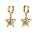 Golden star earrings with rainbow crystals and blue center stone on a white background - Gold Star With Colorful Zircon