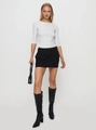 Slim fit light grey round neck top with five-point sleeves paired with black mini skirt - S / Light Gray