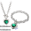 Silver OT clasp chain jewelry set with emerald green heart crystals and steel links - Silver 2-Piece Set - Green Gem (KS197633-Z)
