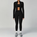 Women's black 3-piece ribbed yoga set with zip jacket, sports bra, and high-waist leggings - S / 3-Piece Set (Bra+Trousers+Jacket) / Premium Black