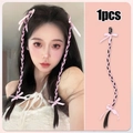 Braided hair extensions in pink and black with bow clip for a stylish fountain ponytail - Ear-hanging Extension - 1PC / Pink Ribbon Hair Clip
