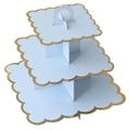 Detailed view of light blue 3-tier square cardboard cupcake stand with gold scalloped edges - 3-Tier Square Scalloped Edge Light Blue (Gold Edge)