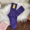 Chaussettes mi-mollet violet foncé en coton avec étiquette smiley jaune sur tricot - Taille unique / Violet foncé