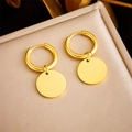 Elegant gold plated stainless steel hoop earrings with round geometric pendant charm - Glossy Disc Hoop Style (E5793 Gold)