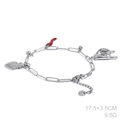 Silver paperclip bracelet with red horn, sacred heart, and rock gesture charms - Bracelet / Silver