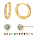 Detail of gold hoop earrings and matching light blue crystal studs in various birthstone colors - Hoop and Stud Set / Gold-Light Blue
