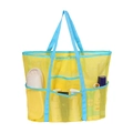 Yellow and blue large mesh beach bag with exterior pockets for beach toy storage - Yellow with Blue Strap Beach Bath Bag 60x40x20cm