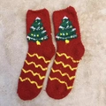 Red coral fleece Christmas socks with green tree pattern on beige textured blanket - One Size / New Wavy Christmas Tree