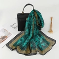 Summer lightweight green chiffon scarf with elegant floral prints and leopard patterns - Dark Cyan (Vintage Leopard Edge)