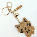Cartoon kitten rhinestone keychain with golden bell and leather tassel on white background - Khaki Black Whiskers