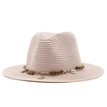 Women's straw Panama hat in soft pink with bohemian shell and wood bead trim - Nude Pink