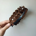 Dark brown braided headband with elegant white pearls on high crown fishtail hairband - Three-strand Pearl Style (4.5CM Wide) / Tan