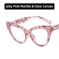 Cat-Eye-Brillengestell mit rosa Marmormuster und goldenen Metallnieten - Gelee Rosa Blumenmuster Klare Linse