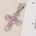 Silver cross pendant with pink square-cut zircon and white crystal pavé setting - Cross / Single Pendant / Pink Pendant